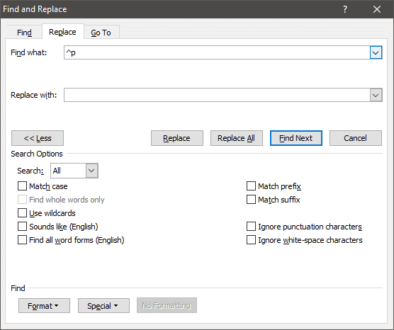 Once selected, ‘^p’ will appear in the ‘Find what’ box | Remove Paragraph Symbol (¶) in Word